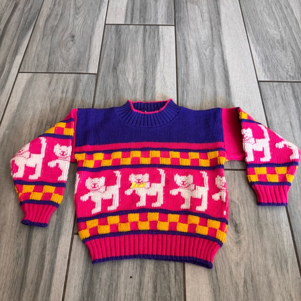 Vintage Hot Fudge Kitty Kitten Cat Checkered Knit Sweater Purple Pink 2T 3T